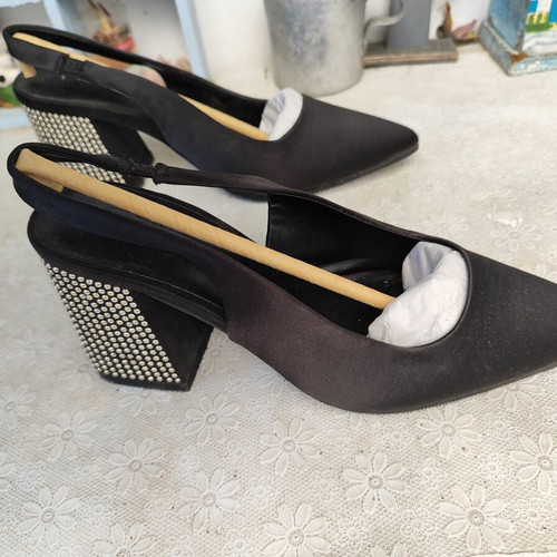 Only black satin slingback heels with gold studs, size 38