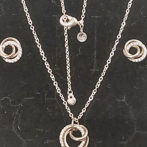 Pandora necklace and earrings set new, white and silver, zircon design