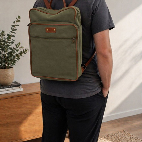 JK Leather backpack used, khaki canvas with leather details