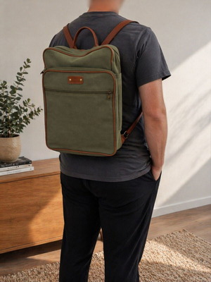 JK Leather backpack used, khaki canvas with leather details
