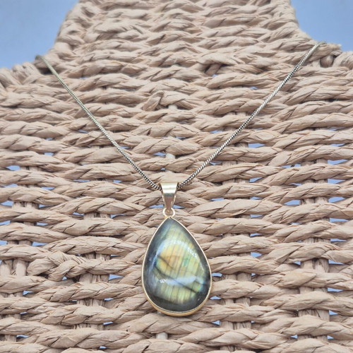 Labradorite Cabochon Brass Necklace Tear Shaped New