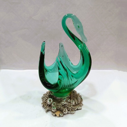 Vintage glass decorative bowl green swan like new