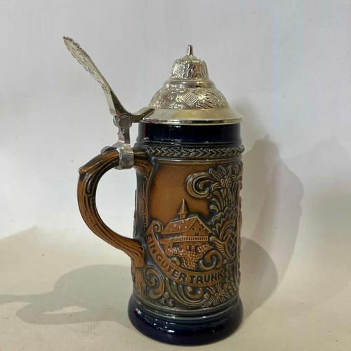 Gerz German beer stein used with embossed designs and pewter lid