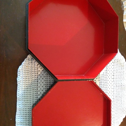 Wooden octagonal box used with shell decoration and red lacquer interior