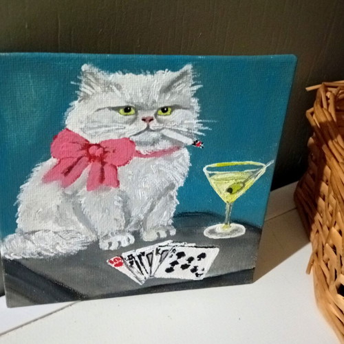 Handmade cat painting on canvas with playing cards and smoking