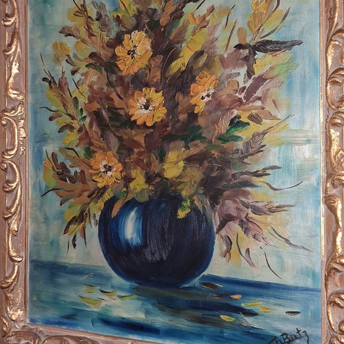 Theodor Butz oil painting floral still life with blue vase, framed