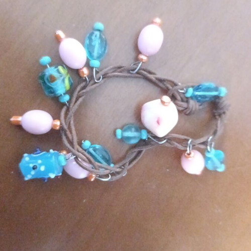 Boho bracelet used, 21 cm, pink and turquoise leather cord