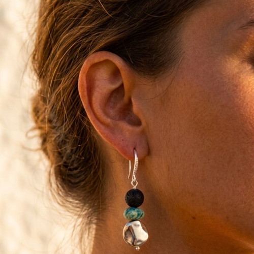 Bracelet and earrings set with lava, jasper, hematite, 14K gold plated earrings