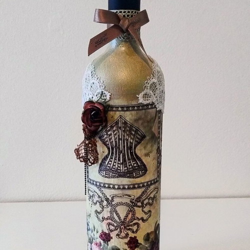 Handmade Decorative Sealed Wine Bottle Vintage Decoupage with Lace and Corset