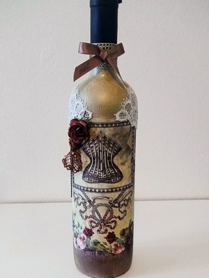 Handmade Decorative Sealed Wine Bottle Vintage Decoupage with Lace and Corset