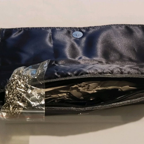 Evening satin handbag new, gray silver with chain