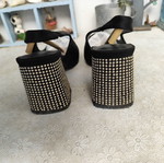 Only black satin slingback heels with gold studs, size 38