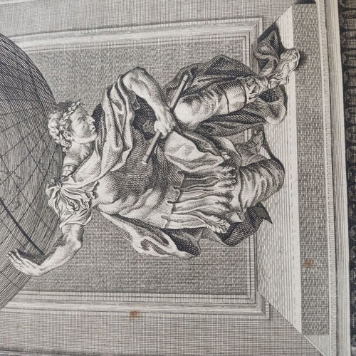 Engraving book frontispiece used with hero Atlas holding the earth