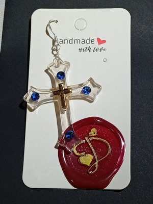Sacred Love Χειροποίητο σκουλαρίκι με σταυρό και μπλε πέτρες, καινούργιο