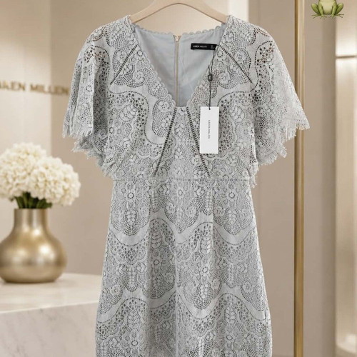 Karen Millen Fluted Sleeve Lace Dress, light grey, size S