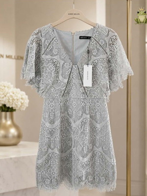 Karen Millen Fluted Sleeve Lace Dress, light grey, size S