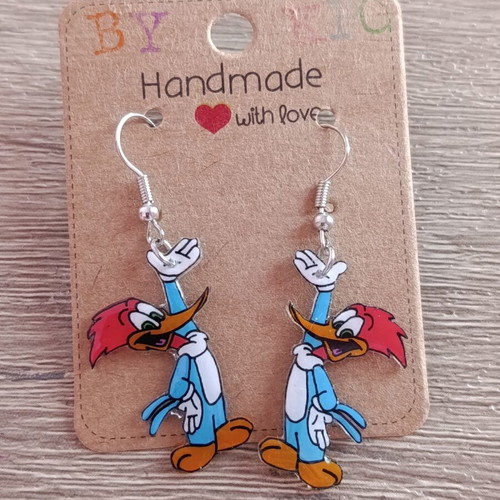 Woody Woodpecker handmade earrings, hand-painted