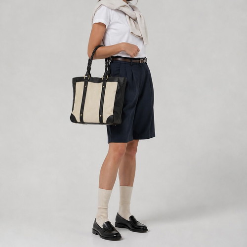 Massimo Dutti leather and cotton tote bag, dark brown and ecru