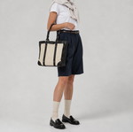 Massimo Dutti leather and cotton tote bag, dark brown and ecru