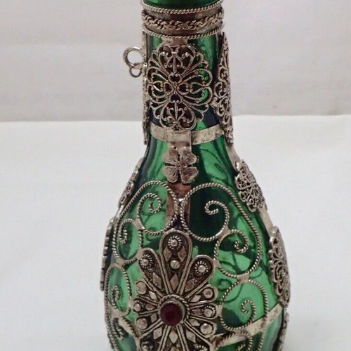 Vintage glass bottle with metal filigree technique from Ioannina folk art workshop