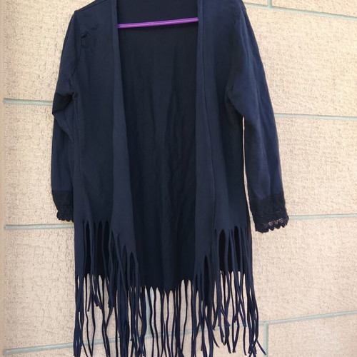 Black women's cardigan with fringe and lace detail, boho casual