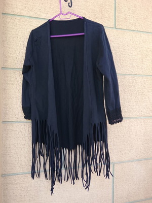 Black women's cardigan with fringe and lace detail, boho casual