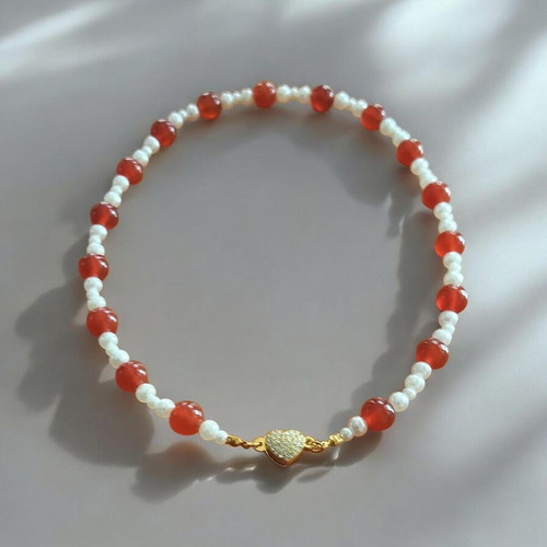 Handmade Necklace with Pearls, Red Agate and Magnetic Heart Clasp 48cm new