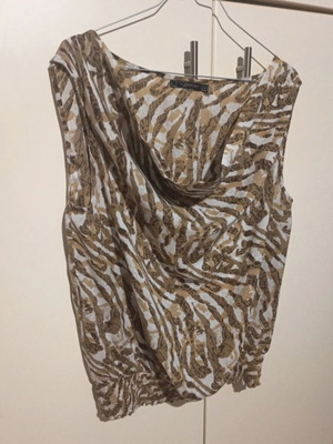 Raxevsky women's sleeveless blouse like new, draped front, beige and brown