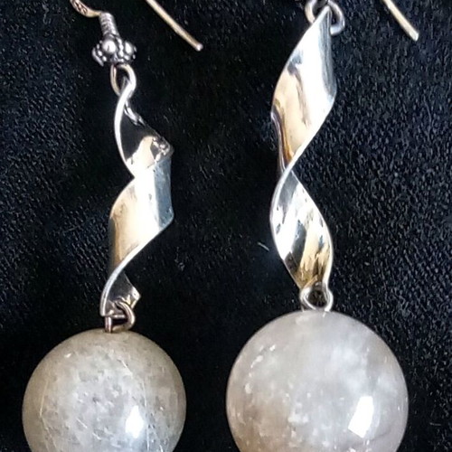 925 Sterling Silver Moonstone Spiral Earrings like new, beige