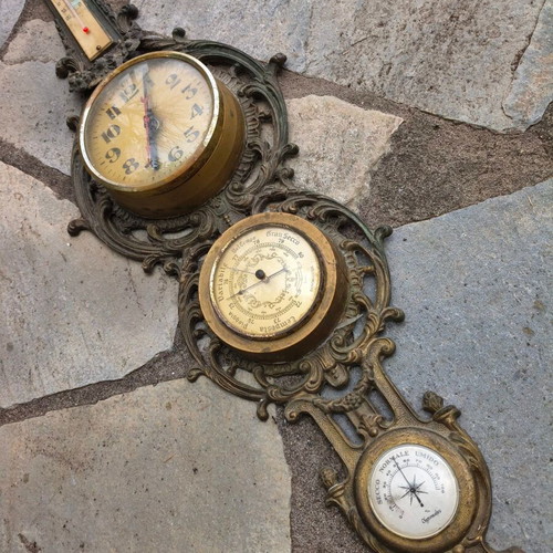 Barometer Hygrometer Thermometer Clock vintage used, brass hanging weather station