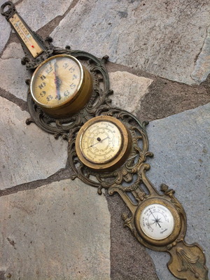 Barometer Hygrometer Thermometer Clock vintage used, brass hanging weather station