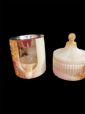 Handmade decoration set in white liquid glass with gold leaf new