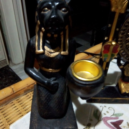 Ethnic table clock and two candle holders set used, Egyptian style