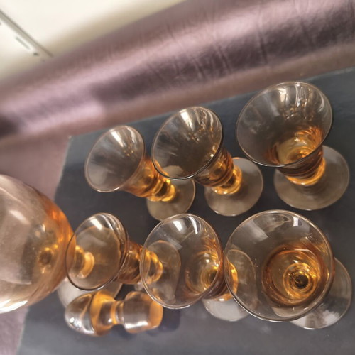 Vintage amber glass drink set with decanter and 6 glasses, 1970s
