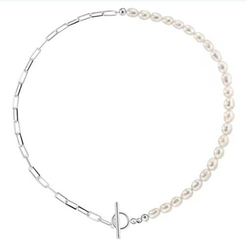 925 Sterling Silver Necklace and Bracelet Set with Natural Pearls and Paperclip Chain