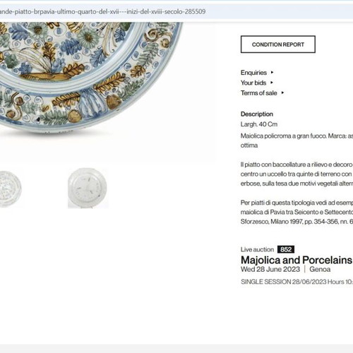 Μεγάλο Ιταλικό Πιάτο Maiolica μεταχειρισμένο, Σχολή Πάβιας 17ος-18ος αιώνας