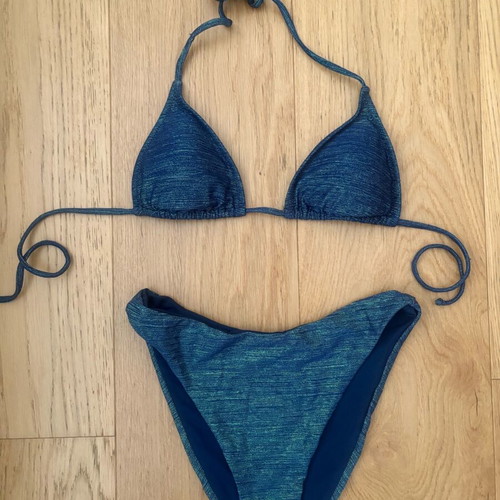 Pretty Me bikini like new, blue with gold braid, size small