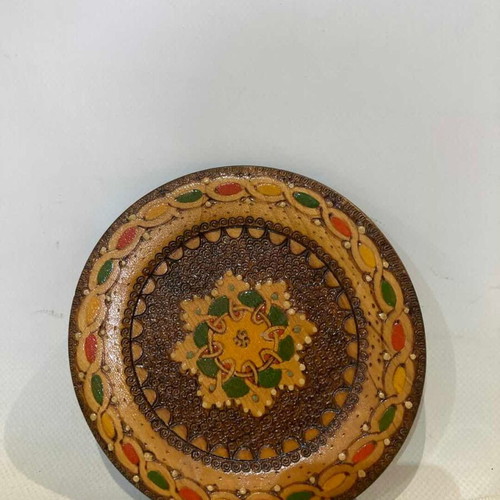 Set of 2 vintage Bulgarian carved wooden plates hand-painted used
