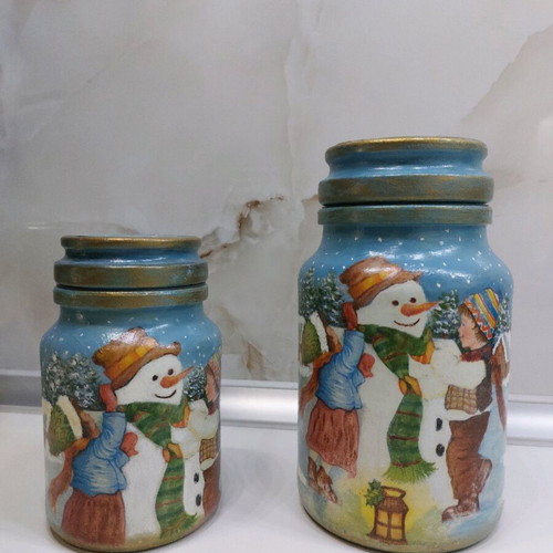 Handmade decorative glass vases with decoupage and acrylic paint