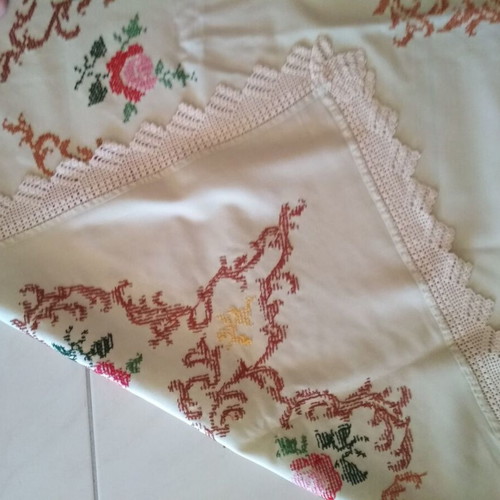Embroidered handmade tablecloth used, beige with rose design