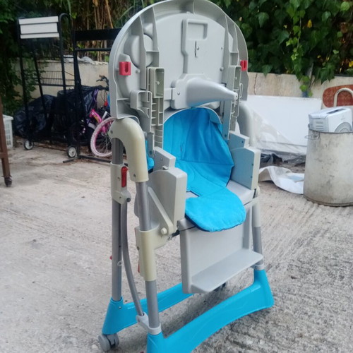 Folding Baby Highchair used, blue with wheels and brakes