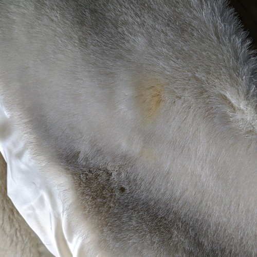 Faux fur jacket with pompons used, size L/XL, beige