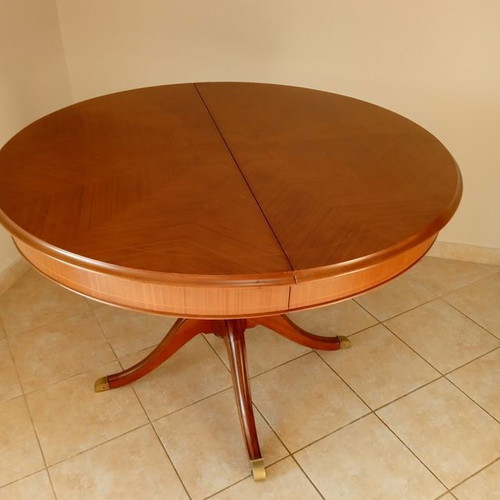 Marquetry round dining table 1950s, refurbished, extension, 110cm diameter