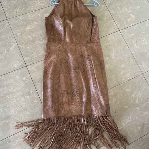 Vintage Aslanis long leather dress with fringes like new, brown XL/XXL