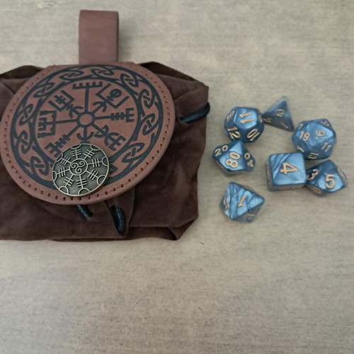 Runic dice bag with grey marbled D&D dice set