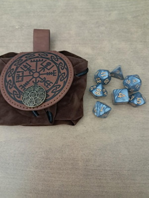 Runic dice bag with grey marbled D&D dice set
