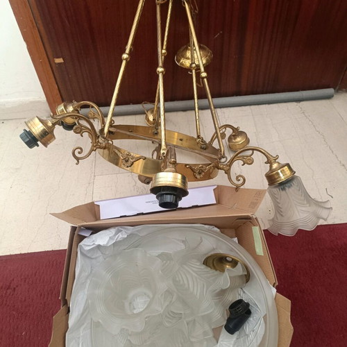 Bronze ceiling chandelier eight-light used with glass shades, vintage