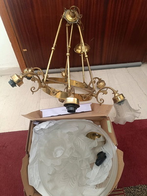 Bronze ceiling chandelier eight-light used with glass shades, vintage
