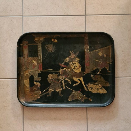 Antique tray with battle scene used