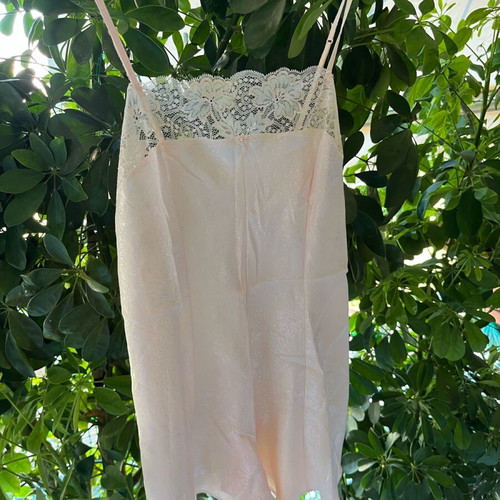 Lingerie one-piece shorts pink pastel satin with lace flowers, new, XS